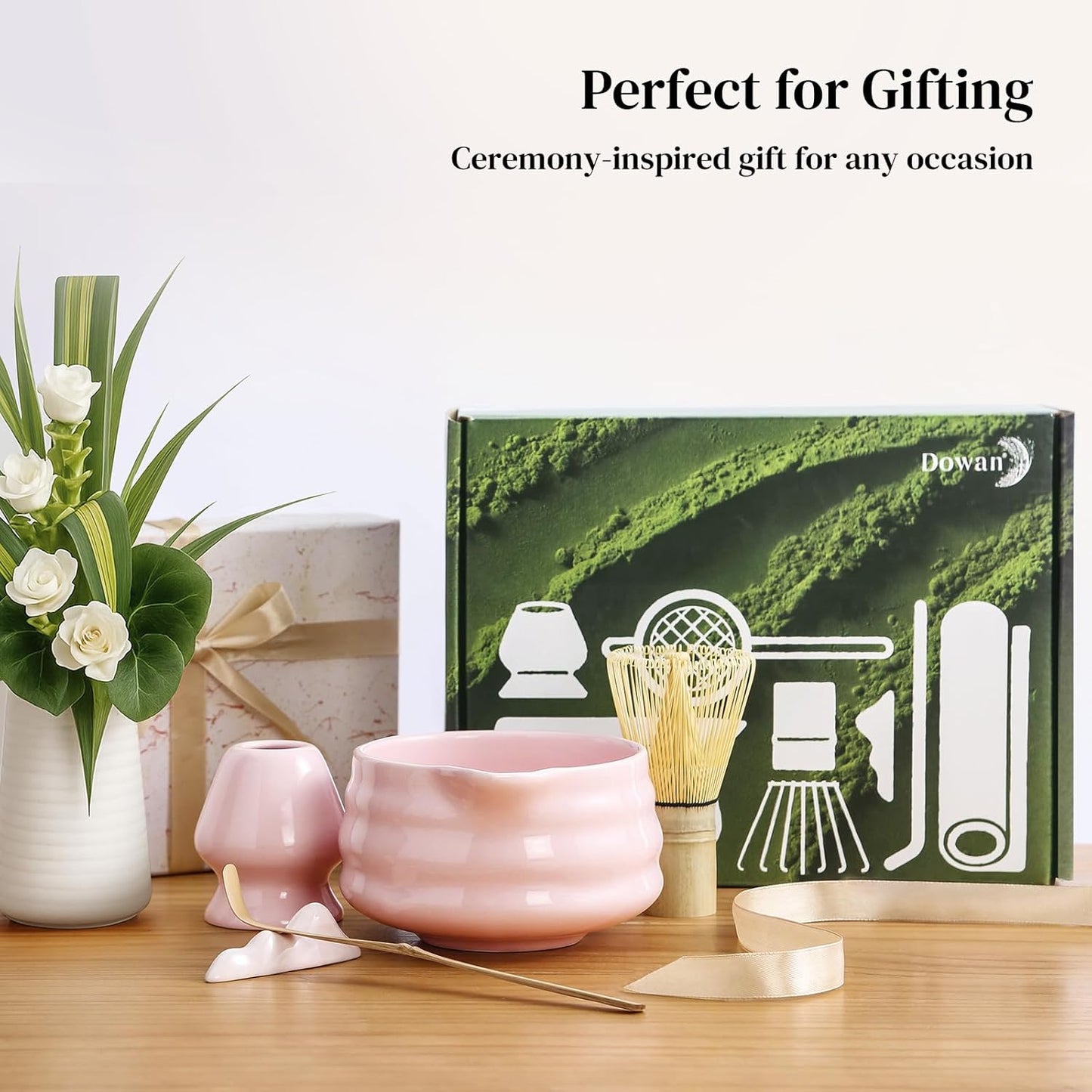 DOWAN Matcha Whisk Set, 7 Pcs Matcha Set Includes Bowl with Spout, Whisk and Holder, Bamboo Scoop and Holder, Sifter and Tea Towel - Matcha Kit Gift for Lovers Beginners (Pink)