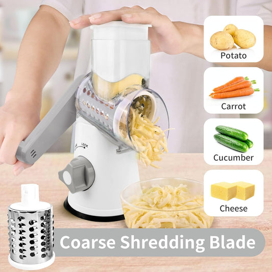 Rotary Cheese Grater, Manual Cheese Shredder with 3 Interchangeable Blades, Cheese Grater Hand Crank with Strong Suction Base, Easy to Use and Clean, White