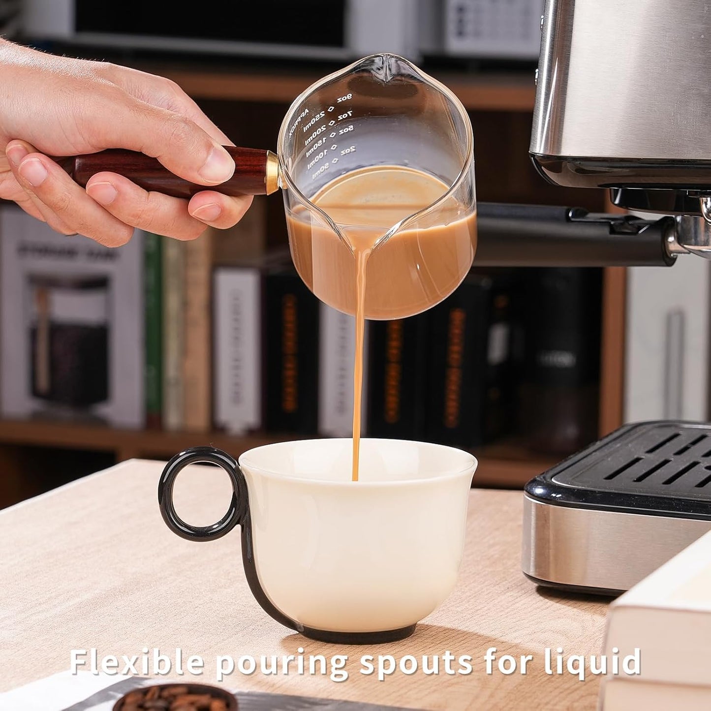 250ML/8.5OZ Measuring Cup 2pack Espresso Shot Glasses Double Spouts Coffee Cup with Wood Handle Triple Pitcher Milk Cup Parts Clear Glass By BCnmviku