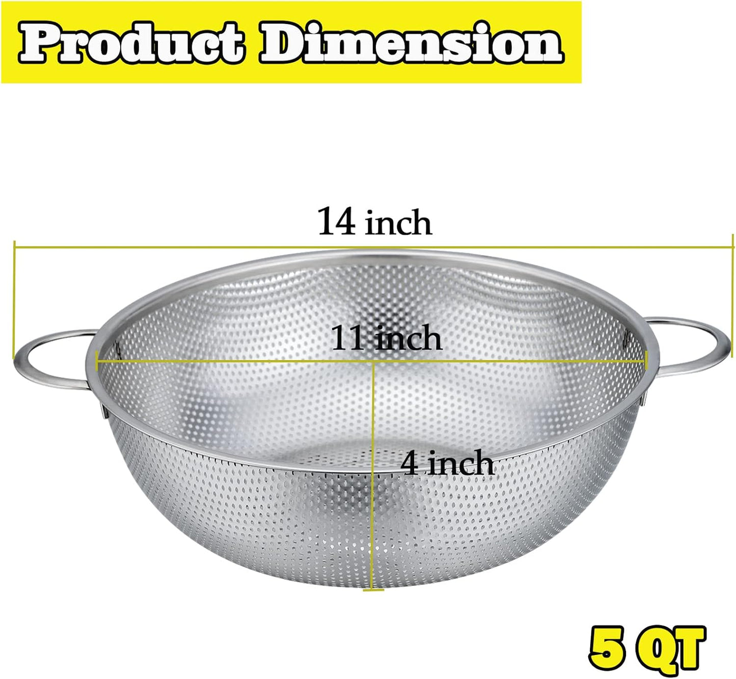 P&P CHEF Stainless Steel Colander, Micro-Perforated Food Strainer with Handle for Washing Draining, Great for Pasta Fruits Vegetables, Dishwasher Safe & Healthy, 1 +3 Qt, 2Pcs