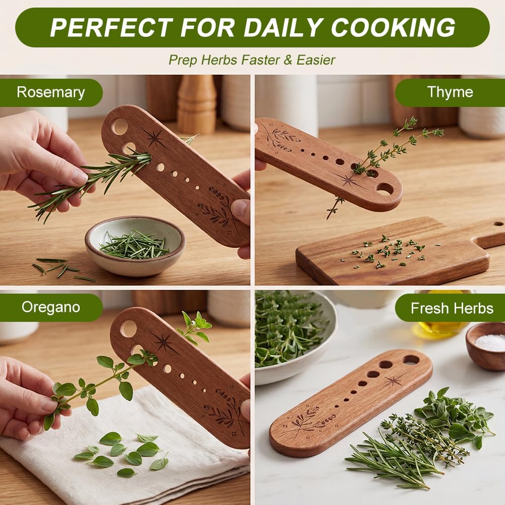 2Pcs Wooden Vegetable Leaf Separator, 7-Hole Stainless Steel Herb Peeler for Quick Leaf Stripping, Rosemary Stripper for the Kitchen Suitable for Home Use & Chefs