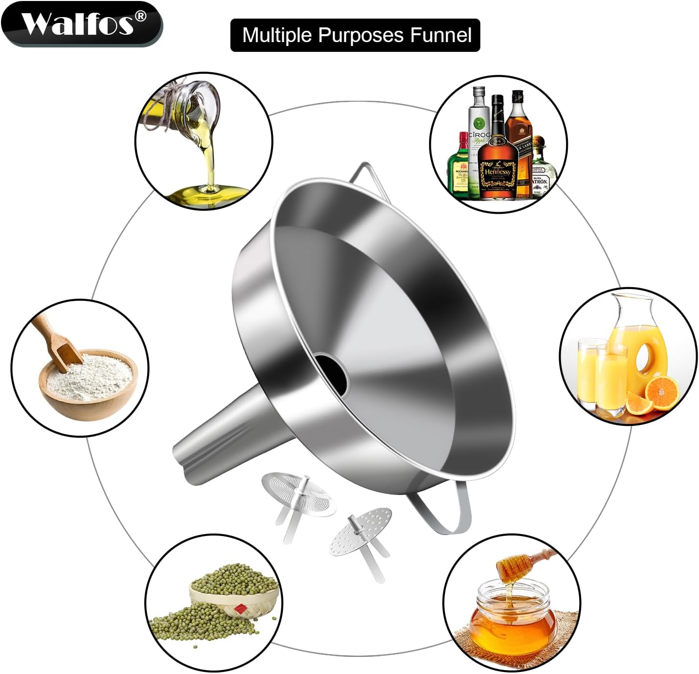 Stainless Steel Funnel, Walfos 3 Pack Kitchen Funnel with 2 Removable Strainer & 1Pcs Cleaning Brush, Perfect for Transferring of Liquid, Oils, Jam, Dry Ingredients & Powder