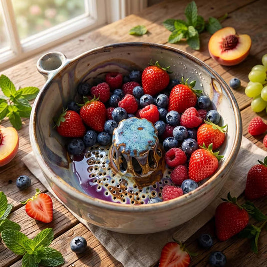 Self Rinsing Berry Bowl, The Original Artisan Swirling Berry Bowl, 3D Print Berry Colander with Vortex Fruit Washing Design, Stoneware Fruit Rinse Bowl for Kitchen Counter