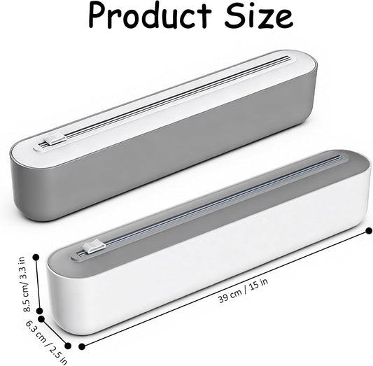 Plastic Wrap Dispenser with Cutter, Gray and White, 15 Inch, Traceless Adhesive Mount, Kitchen Food Storage