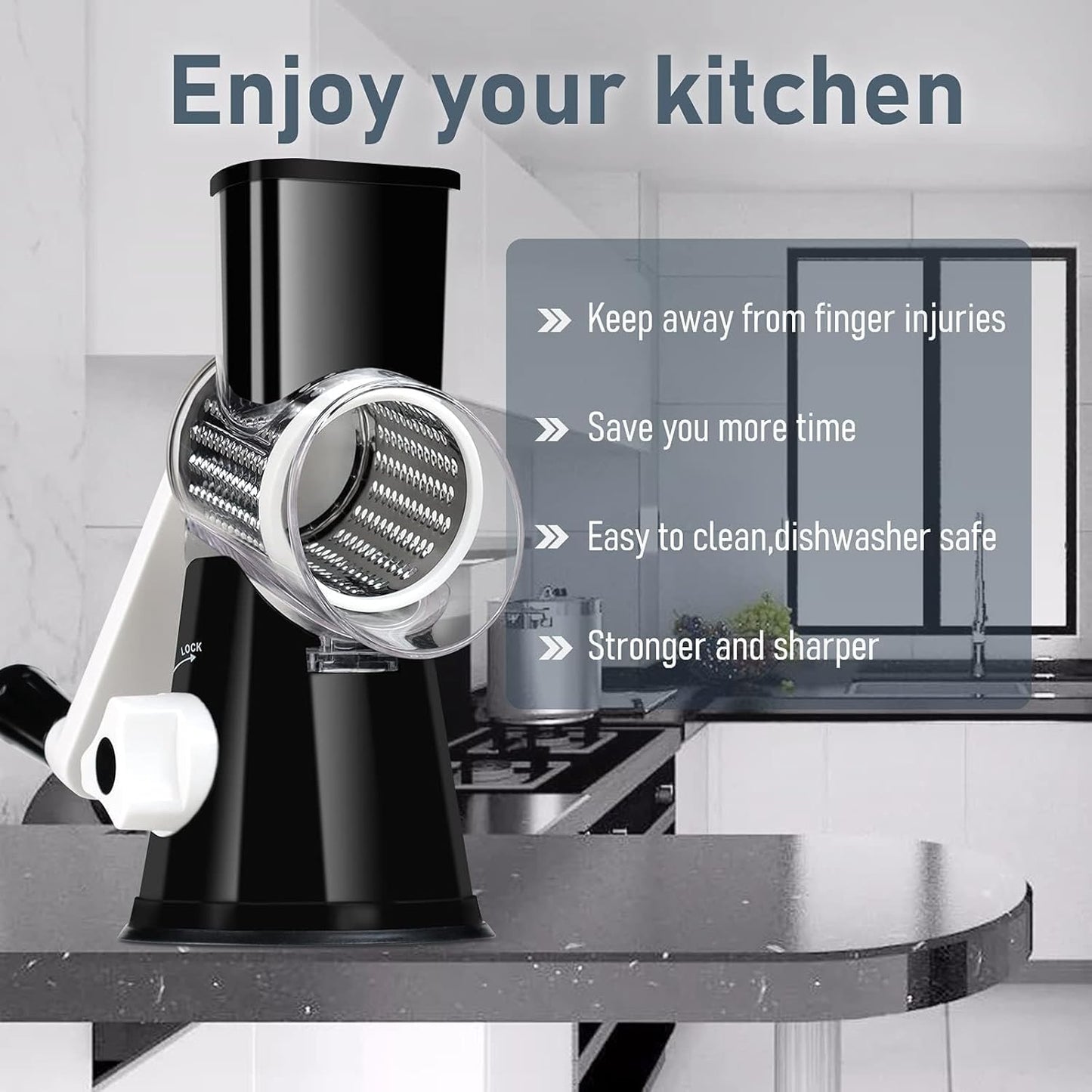 KEOUKE Rotary Cheese Grater Hand Crank Black - Shredder Slicer Grinder 3 Stainless Steel Blades, Stable Suction, Labor-Saving Handle, Safe Kitchen Tool for Cheese, Vegetable, Nuts, Chocolate