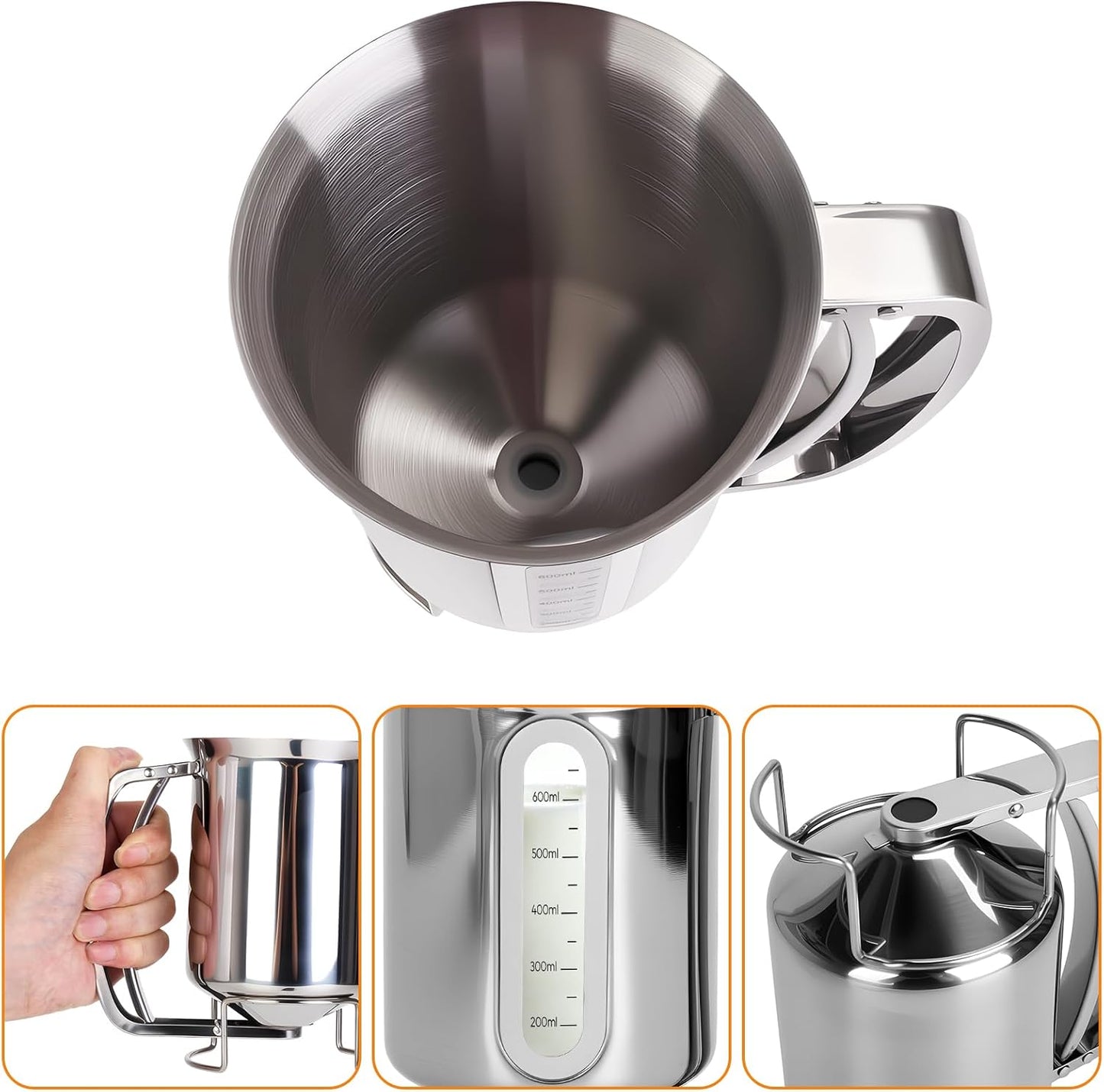 32oz 900ml Pancake Batter Dispenser, Stainless Steel Batter Dispenser with Handle, Visible Scale, Pancake Mix Dispensers for Funnel Cake, Pancakes, Cupcakes, Waffles, Crepes