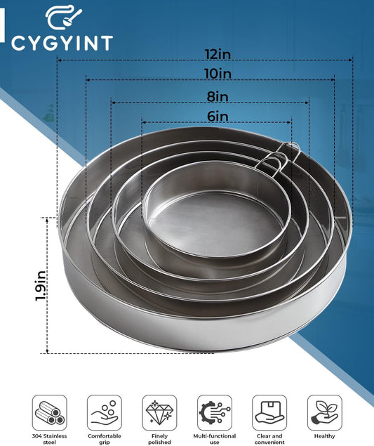 4Pcs Fine Mesh Flour Sifters, 4'' 6'' 8'' 10'' Fine Mesh Drum Sieve Strainer Set 60 Mesh Round Baking Sifter for Cakes, Bread, Pastries & Kitchen Baking Supplies
