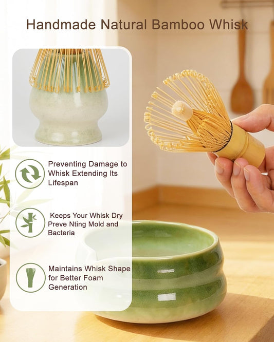 Matcha Whisk Set - 8Pcs Matcha Set includes Bowl, Whisk and Holder, Bamboo Scoop, Scoop Rest, Spoon, Sifter and Tea Towel, for Matcha Lovers, Gift- Green