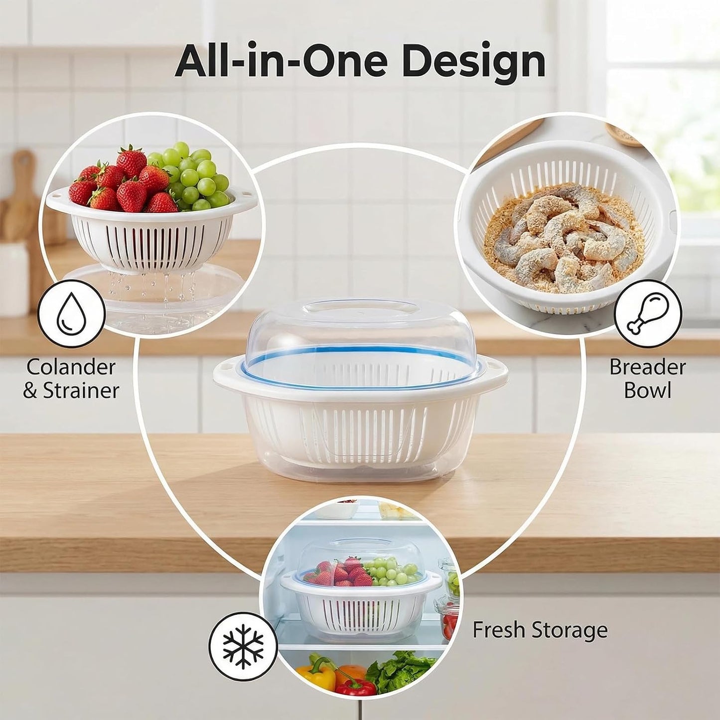 Batter Bowl, Breading Bowl with Lid Flour Shaker for Seasoning Fried Chicken, Fish, Shrimp, Just Flip (Blue)