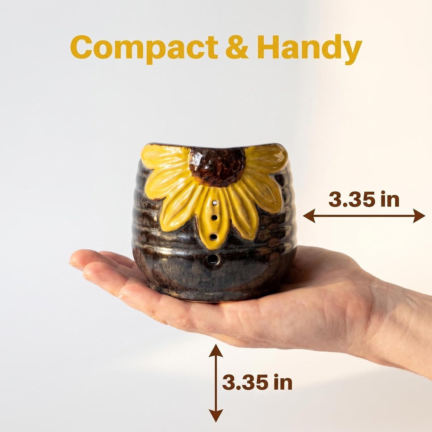Sunflower Herb Stripper Bowl - 4 Size Holes Ceramic Leaf Stripper Tool for Rosemary Thyme, 3D Sunflower Embossed, Kitchen Gadgets for Cooking & Gardening, Brown Glazed