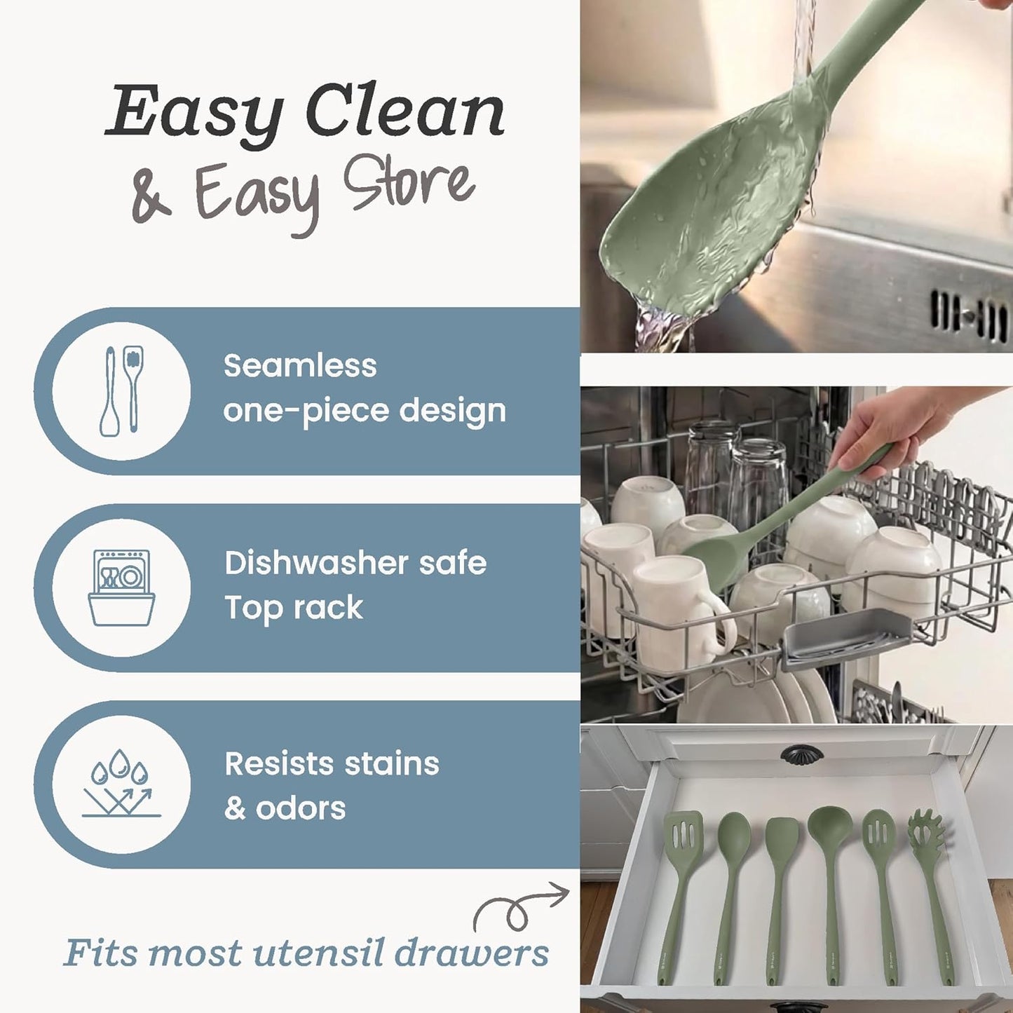 Starpack Like a Boss XL Silicone Cooking Utensils Set (6-Piece, 13.5") - LFGB Certified, 600°F Heat Resistant, BPA-Free - Heavy-Duty Steel Core, Dishwasher Safe - for Nonstick Cookware, Sage Green