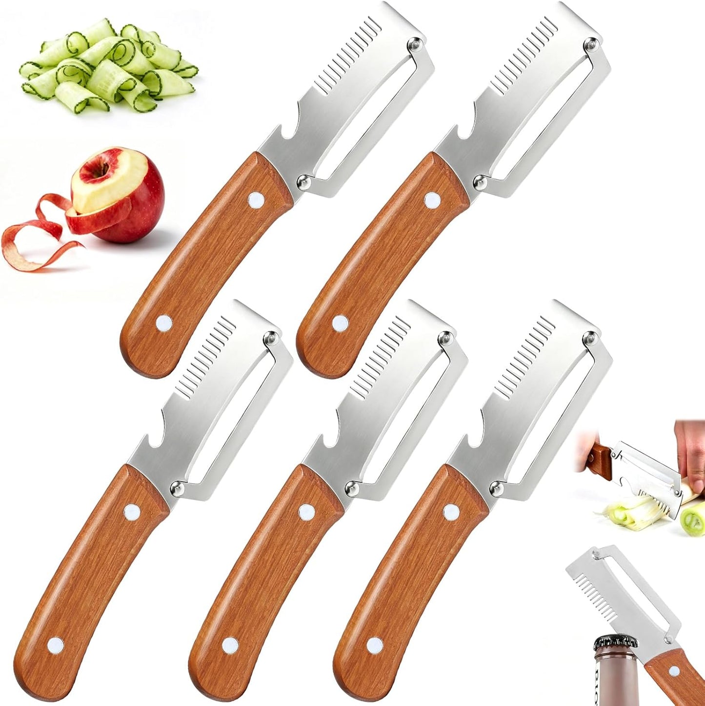 3-in-1 Multi-Function Kitchen Vegetable Peeler with Wooden Handle and Bottle Opener, Ideal for Peeling Fruits and Vegetables, Stainless Steel Blade Kitchen Tool (2 PCS)