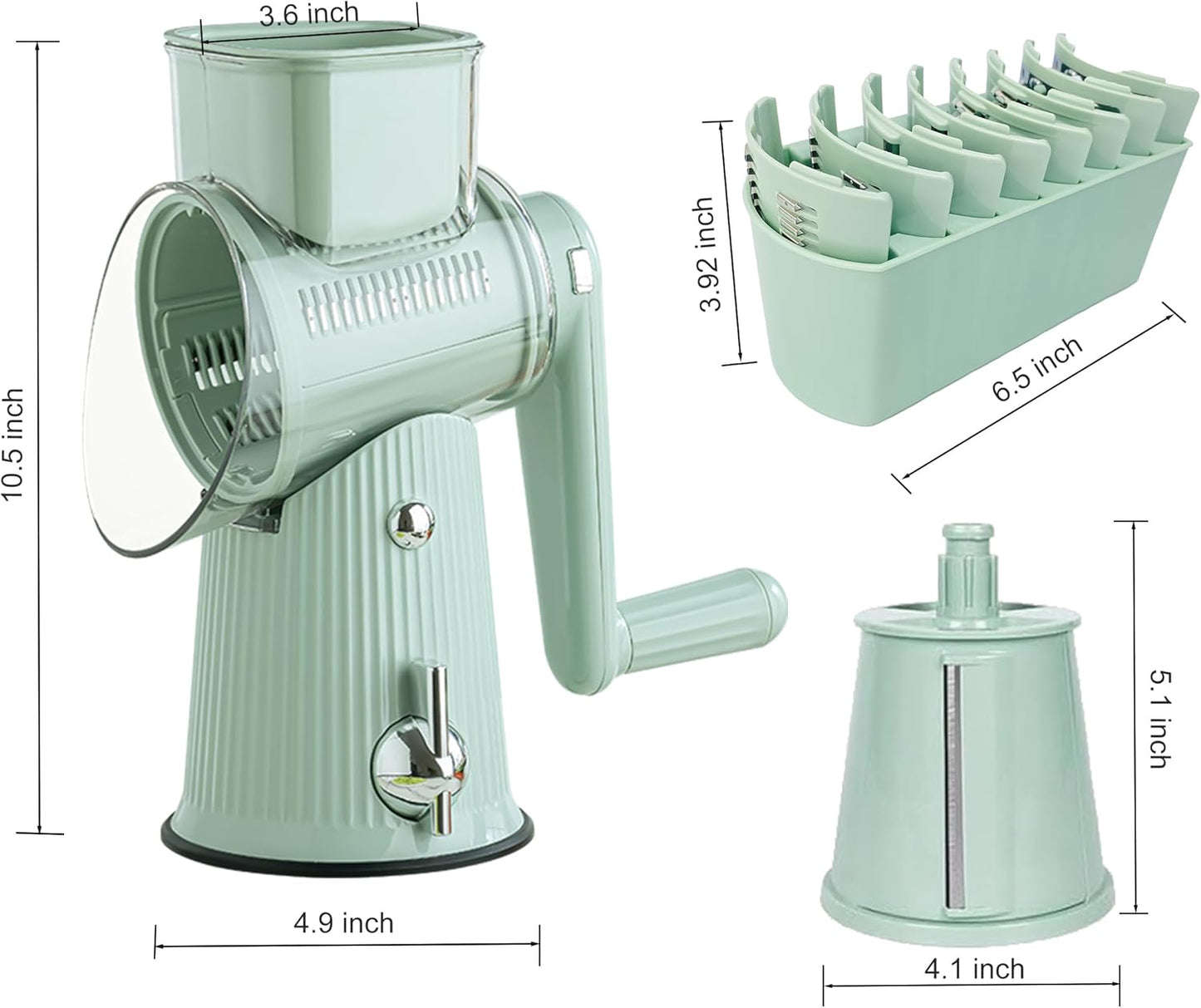 5-in-1 Rotary Cheese Grater Vegetable Slicer, 5 Interchangeable Blades Food Shredder with Anti-Slip Reinforced Suction Base, Kitchen Mandoline Chopper with Blade Storage Box (Green)
