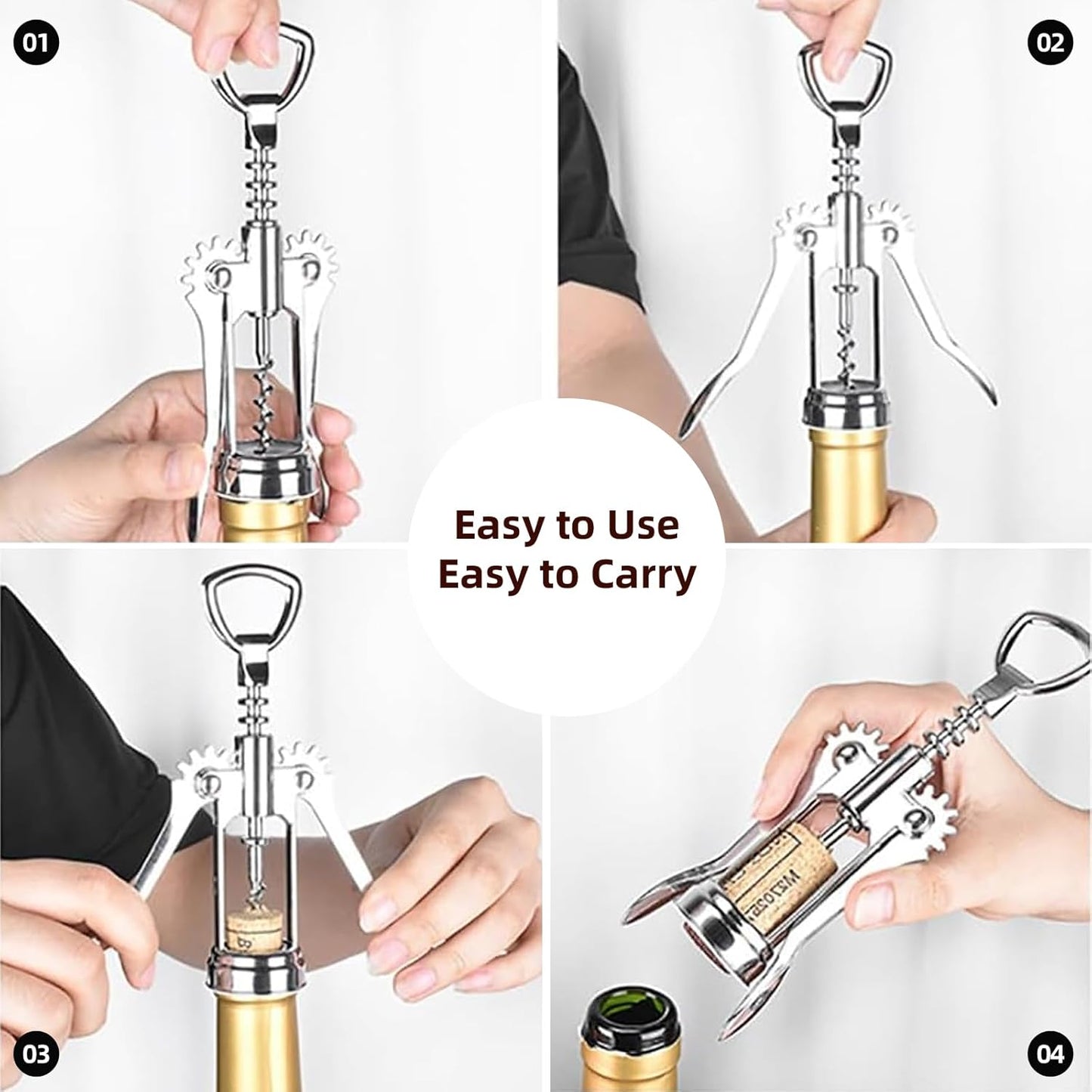 Wing Corkscrew Wine Opener, Premium Zinc Alloy Manual Bottle Opener, Heavy Duty Multifunctional Tool for Kitchen, Bar, Restaurant & Waiters, Gift Set (Silver)