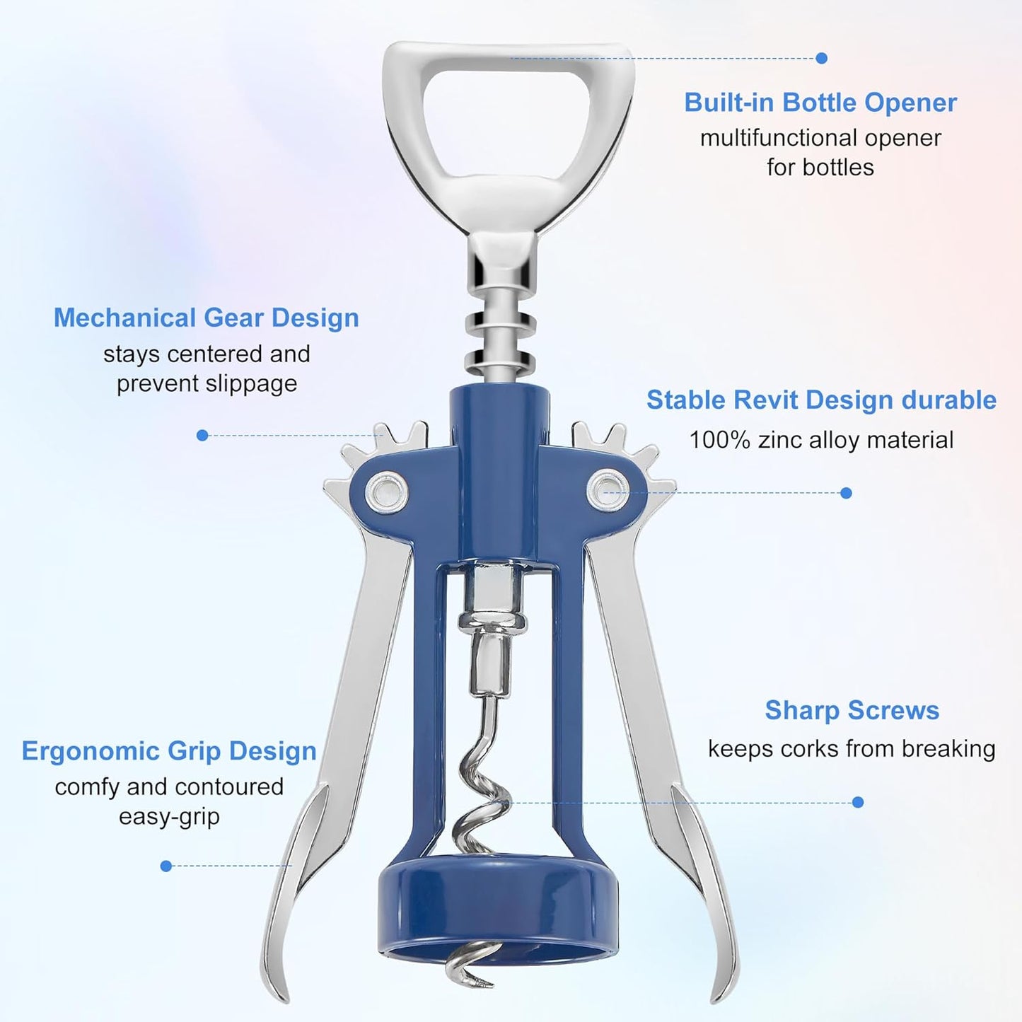 Wine Opener,Multifunctional Bottles Opener Zinc Alloy Corkscrew Wine Opener with Ergonomic Wing Handle (navy blue)