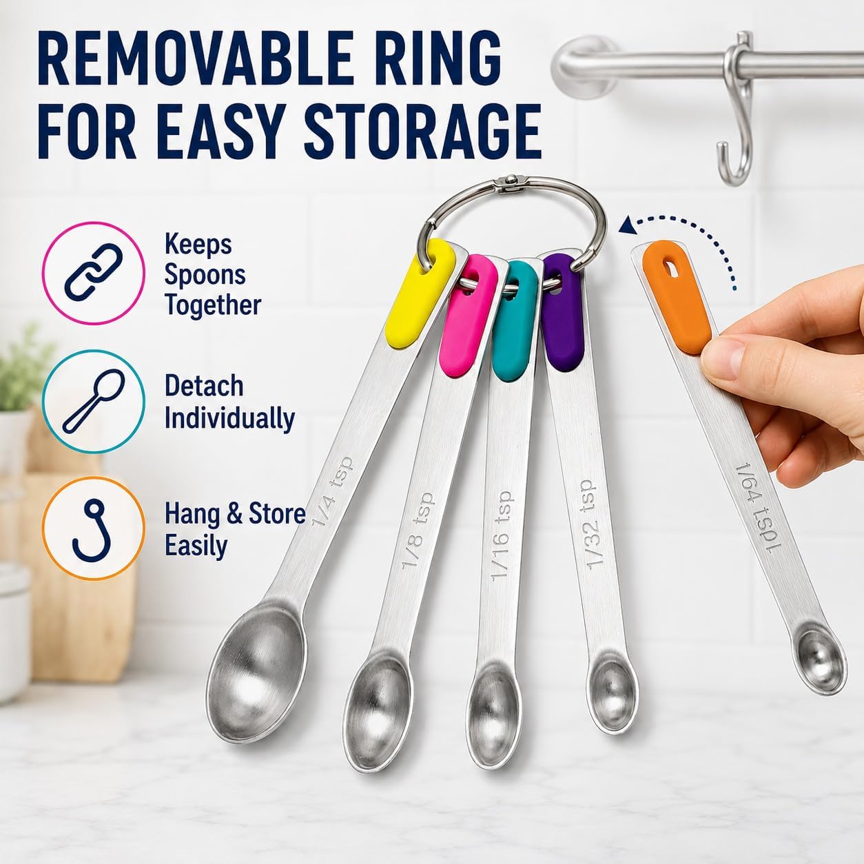 Stainless Steel Mini Measuring Spoons Set of 5 – Precise Teaspoon Measuring Tools 1/64, 1/32, 1/16, 1/8, 1/4 Tsp – Small Spice Measuring Spoons with Silicone Grip Handles & Storage Ring