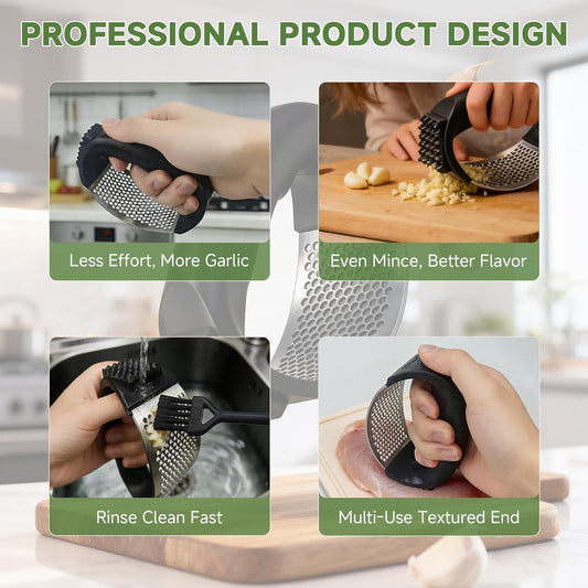 Garlic Press Rocker 304 Stainless Steel Garlic Mincer & Crusher with Silicone Peeler and Cleaning Brush, Ergonomic Dishwasher Safe Garlic Chopper Kitchen Gadget for Seniors & Home Cooks