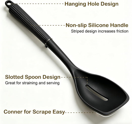 2 Pack Silicone Cooking Spoon Spatulas, Non Stick Large Rubber Spoon Set for Mixing, Serving, Draining, Scraping, 13Inch Heat Resistant Kitchen Utensils, Green+Grey