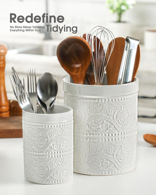 FUN ELEMENTS Kitchen Utensil Holder, 7.2" Super Large Utensil Crock Heavy and Stable Lace Emboss Ceramic Utensil Holder for Kitchen Counter (Bright White)