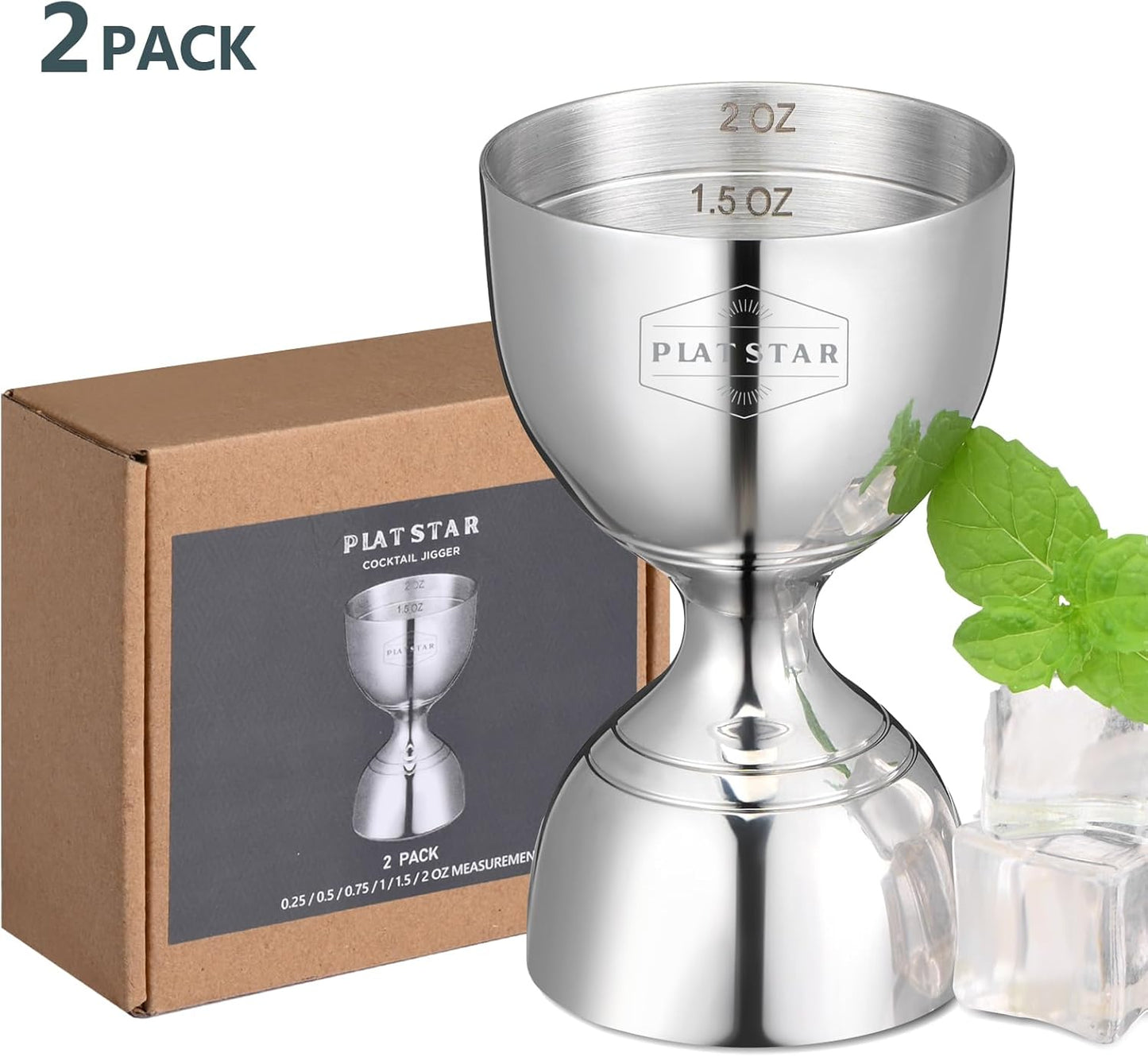 Stainless Steel Cocktail Jigger 2 Pack, Commercial Bar Tool for Restaurant, Bar, Pub & Catering, Bulk 1oz 2oz Double Sided Bell Jigger with Measurements, Professional Bartender Measuring Cup