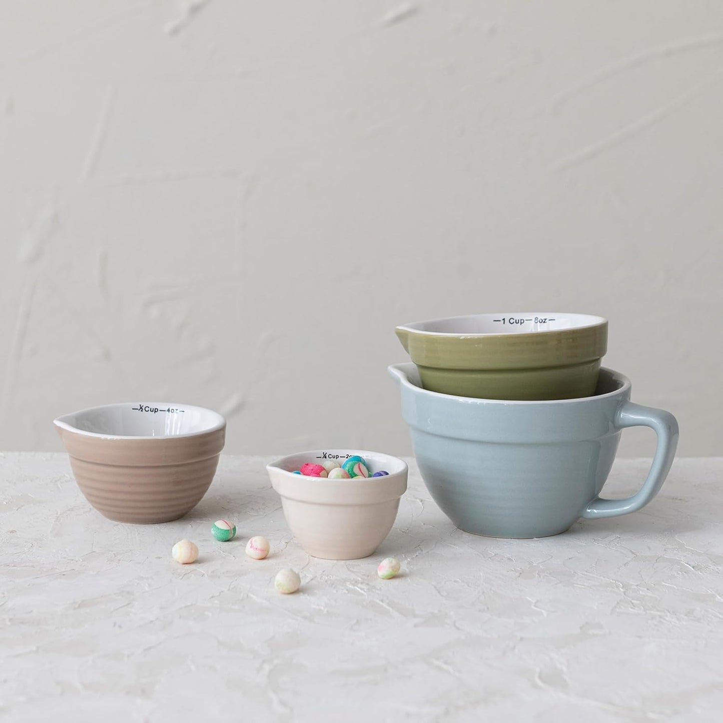Creative Co-Op Stoneware Batter Bowl Measuring Cups, Set of 4 Sizes, Multicolor
