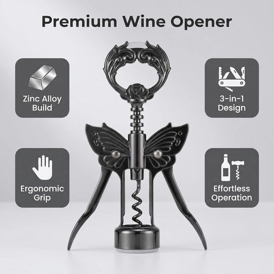 Wine Opener, 3 in 1 Zinc Alloy Premium Wing Corkscrew Wine Bottle Opener with Multifunctional Bottles Opener and Serrated Foil Cutter for Wine and Beer (Black)