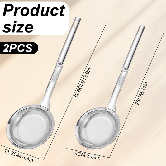 Stainless Steel Fine Mesh Skimmer Spoon, Fine Mesh Fat Skimmer Spoon, Colander Strainer, Oil Filter Food Strainer for Cooking Oil, Grease Foam, Food Vegetable Hot Pot (2 Pack, Large+small)