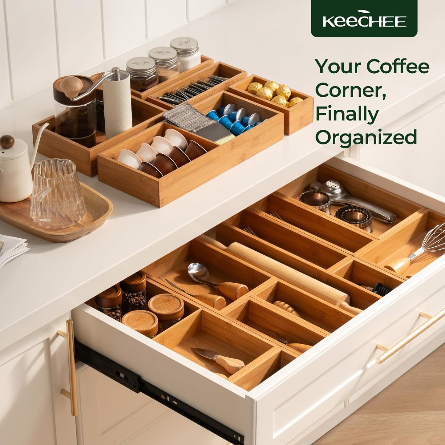keechee Carbonized Bamboo Kitchen Drawer Organizer, 10 Slots Expandable Silverware Organizer, Utensil Holder & Cutlery Tray, 2.2" Deep for Extra Capacity, Non-Slip Feet Included