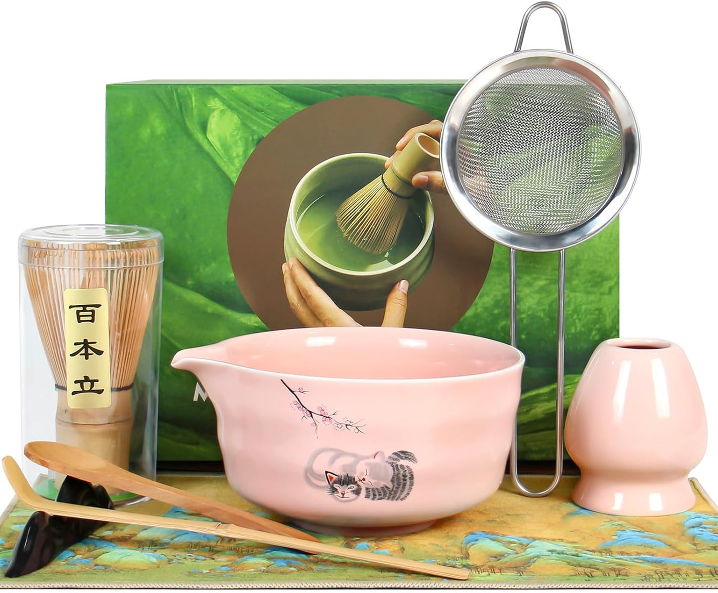 Matcha Whisk Set - Premium Complete Ceremonial Grade Matcha Set with Bamboo Whisk, Matcha Bowl with Spout, Scoop, Sifter & Holder - Authentic Japanese Tea Kit for Traditional Tea Preparation