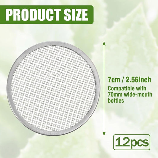 12 Pcs Sprouting Lids for Mason Jars 70mm Regular Mouth, Stainless Steel Screen Filter Strainer Lid Bean Sprout Sieve Mesh Lids for Bean, Alfalfa, Broccoli