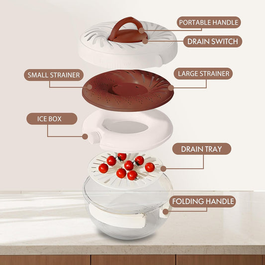New Upgrade Fruit Washing Bowl with Strainer,3 in 1 Multipurpose Drain Basket with Lid & Ice Box,Foldable Handle Fruit Strainer,Fruit Washer Perfect for Fridge Storage and Outdoor Picnics(1 QT)