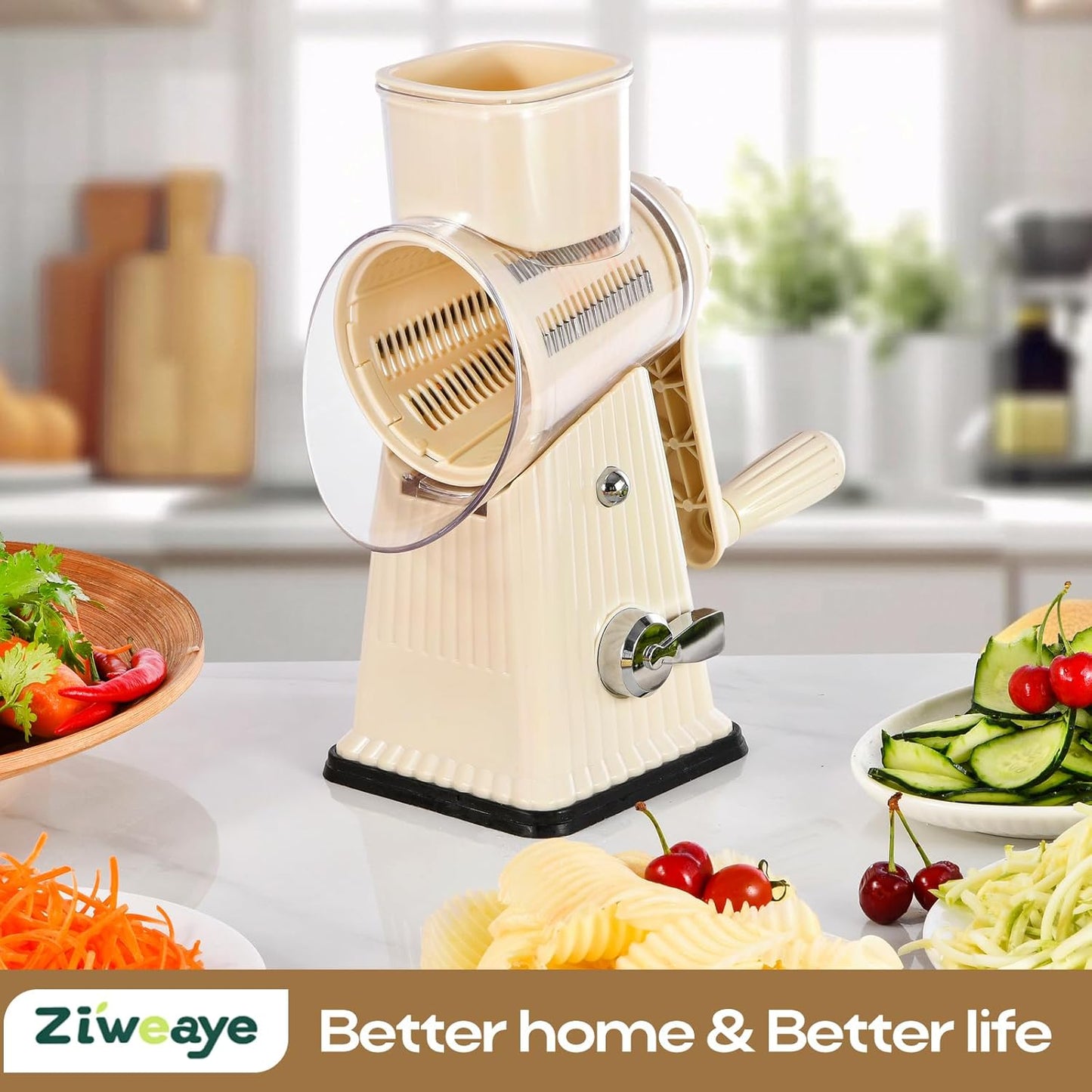 Xilrvna RotaryCheeseGrater,VegetableShredder 5 in 1 Cheese GraterwithHandleedderReinforcedSuction,EasytoClean,KitchenChopperforCrushedIce,Fruits and Nuts with Blade StorageCase(light green)