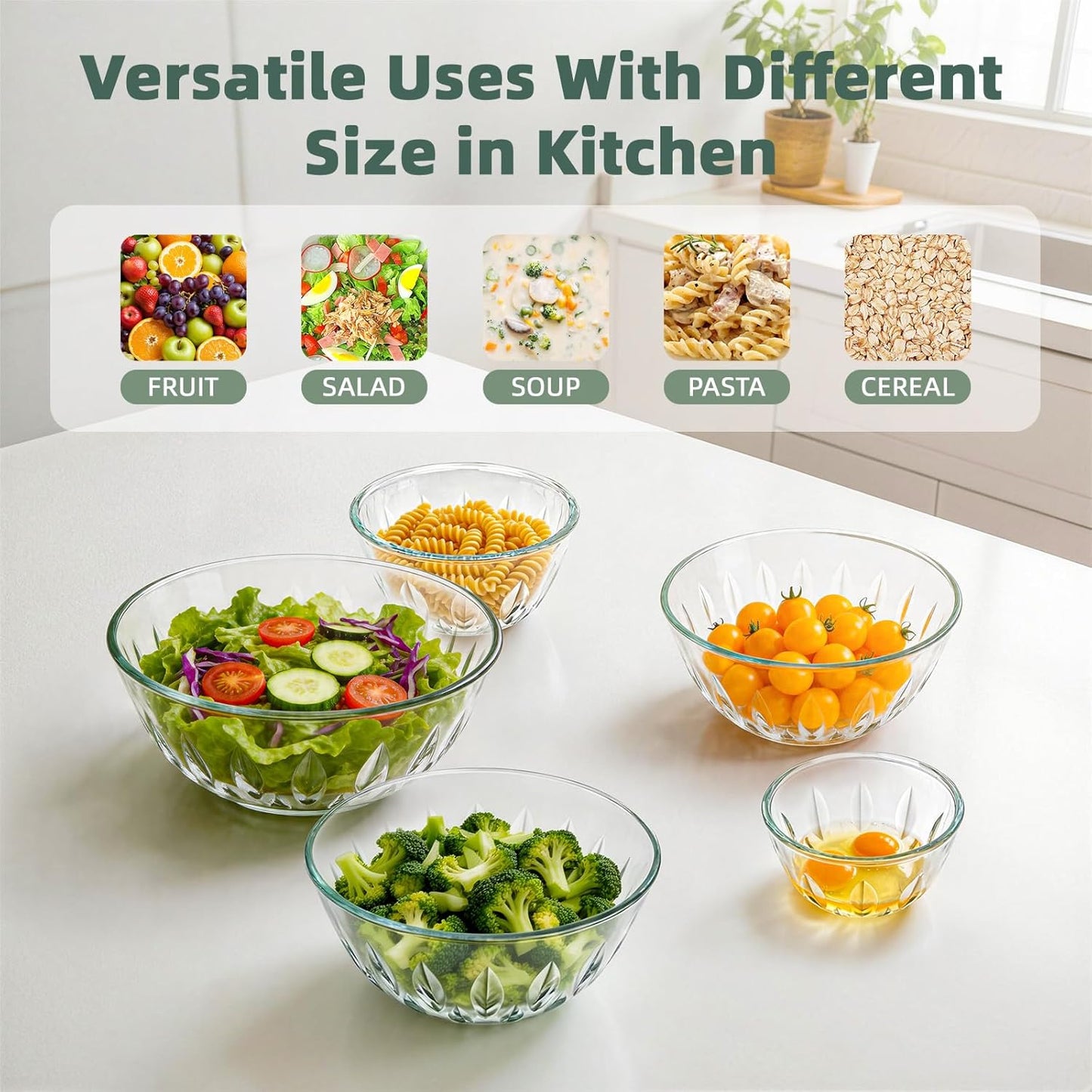 WhiteRhino Glass Mixing Bowls Glass Bowls with Lids Set(4.5QT,2.7QT, 1.1QT),Large Salad Bowls,glass mixing bowl Space-Saving Nesting Storage bowls for Cooking,Baking,Prepping,Dishwasher Safe