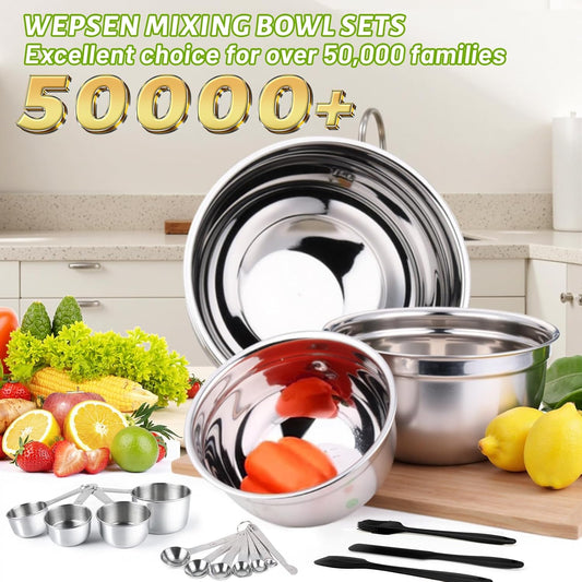 WEPSEN 5-Speed Electric Hand Mixer, 4 Large Mixing Bowls Set, Handheld Mixers with Whisks Beater, Stainless Steel Metal Nesting Bowl Measuring Cups Spoons Kitchen Cake Blender for Baking Supplies