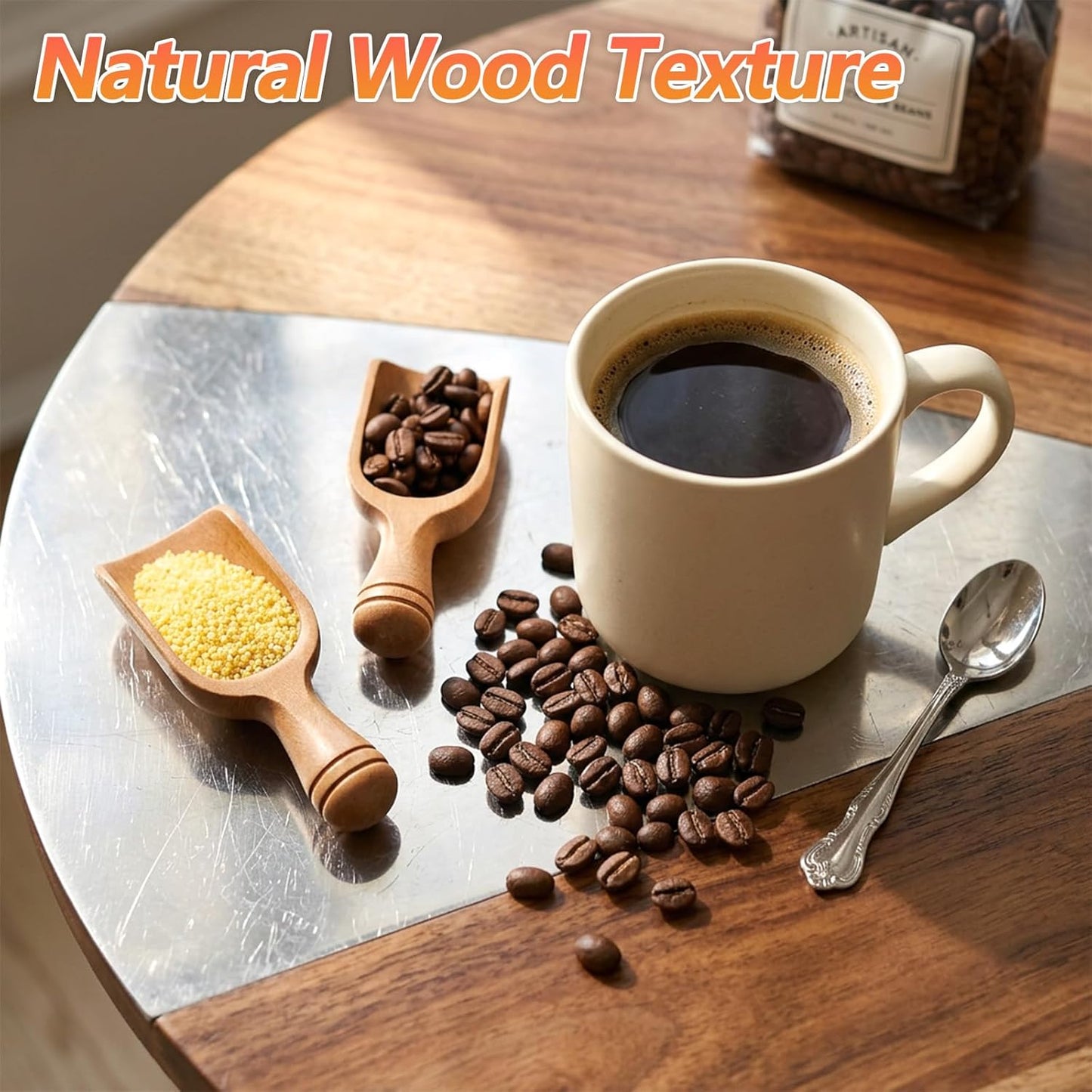 2 Pcs Wooden Scoops for Jars, Acacia Wood Scoops for Jars Multipurpose Measuring Spoons for Coffee Tea Bath Salt (Natural Wood, 4.6 Inch)