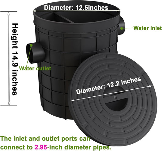 Grease Trap Commercial, Lightweight PE Plastic Grease Interceptor Trap Side Inlet Waste Oil Water Separator for Kitchen Sink Restaurant Wastewater Easy Install (Round-315-110-110)