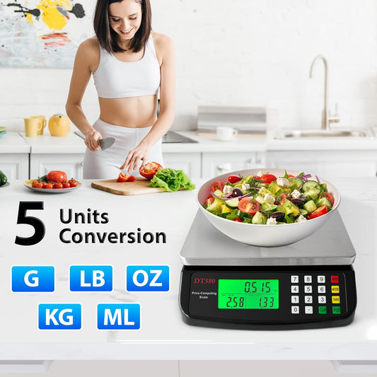 Large Digital Kitchen Scale 40kg/88lb Stainless Steel Price Computing Scale Counting Scale Deli Scale with LCD Display for Baking Bread Cooking Meat Prep Parts and Coins Adapter Included