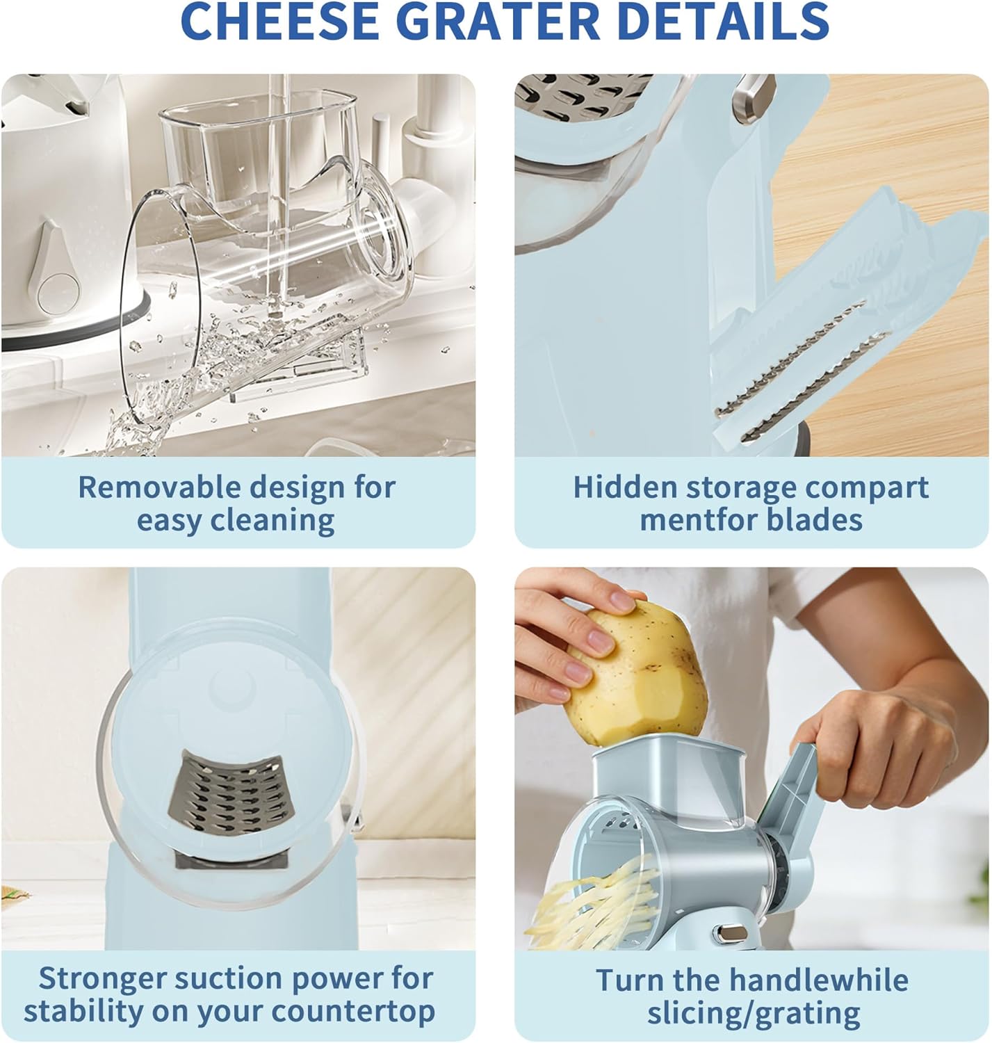 Rotary Cheese Grater with Handle - Compact Multi-Function Vegetable Shredder with 5 Sharp Blades & Strong Suction Base, Easy to Use Round Mandoline Slicer for Kitchen, Cooking, Camping & Travel