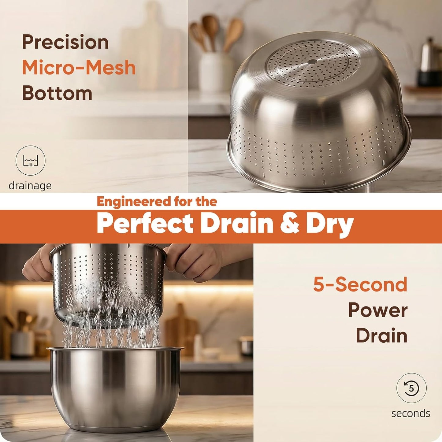 Stainless Steel Salad Spinner & Fruit Washer, 6L Quick-Spin Vegetable Spinner with Drain Lid, Pasta Dryer & 3-Bowl Set, Commercial-Grade Salad Spinner for Kitchen, Easy Clean & Dishwasher Safe