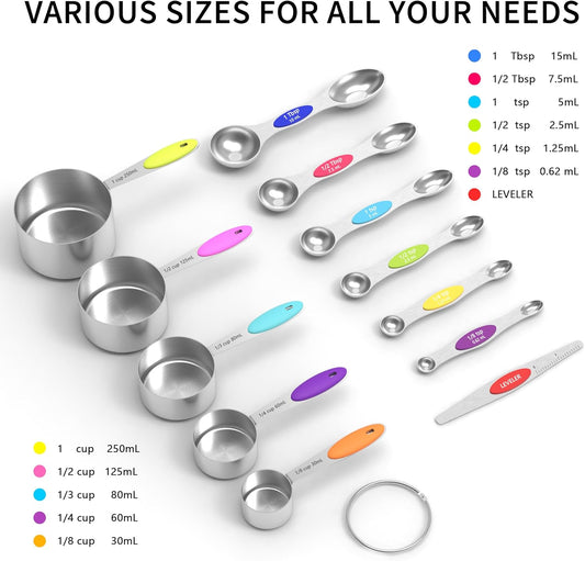 TILUCK measuring cups and magnetic measuring spoons set, stainless steel measuring cups, 6 double-sided stainless steel measuring spoons & 1 leveler (12)