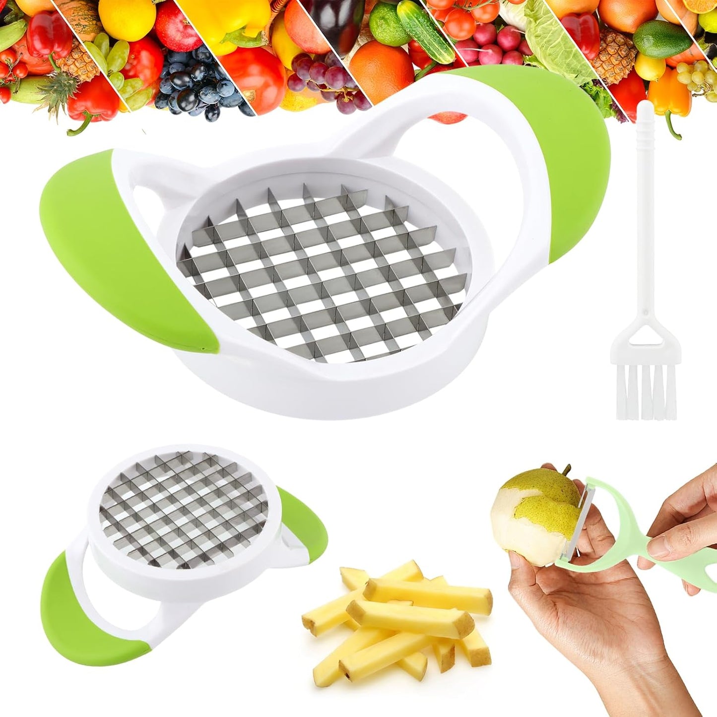 Stainless Steel French Fry Cutter, Multi-purpose Fast Vegetable Potato Slicer with Peeler and Cleaning Brush Potato Cutter for Potatoes Carrots Cucumbers(3pcs)