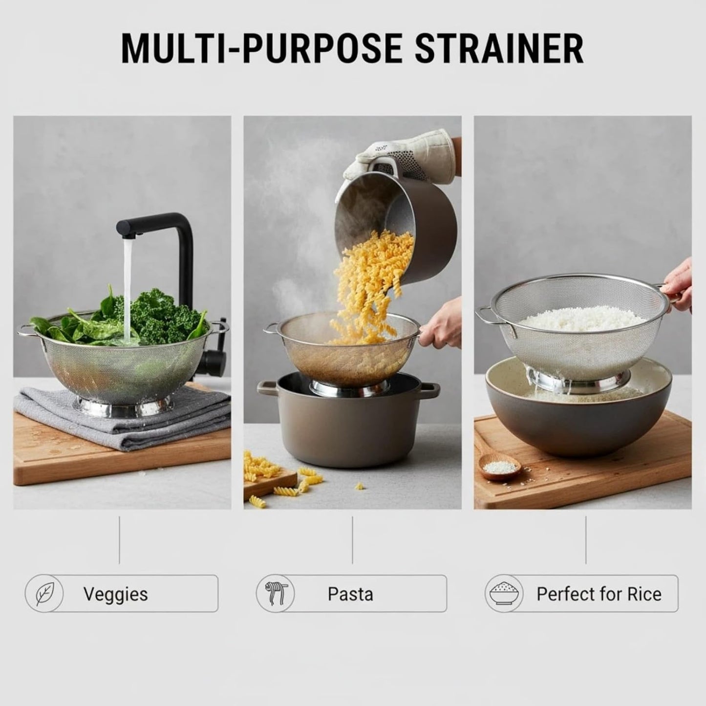 Stainless Steel Colander for Kitchen: Pasta & Vegetable Fruit Strainer Fine Mesh Colander with Dual Handles Non-Slip Base Large Strainer for Cooking