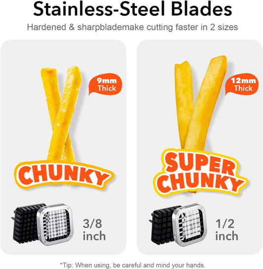 French Fry Cutter, Stainless Steel Potato Cutter with 1/2 Inch, 3/8 Inch and 1/4 Inch Blades (Manual Cutter, 1/2 '' & 3/8 '' & 1/4 '' Blade)