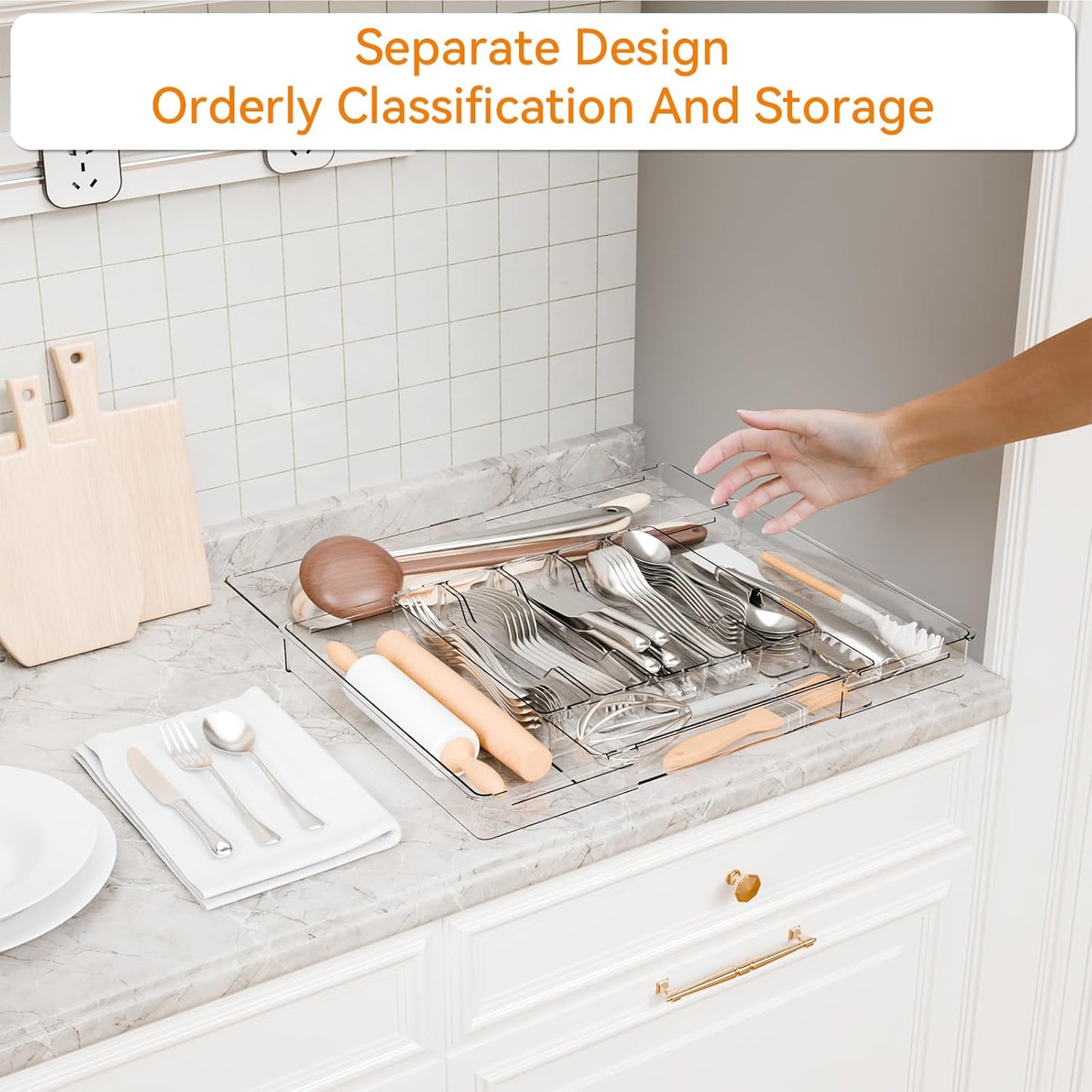 Yieach Acrylic Clear Expandable Kitchen Utensil Drawer Organizer and Silverware Organizer,BPA FREE Adjustable Silverware Tray for Drawer Cutlery,Spatula,Tools,Flatware Organizers,Fork and Spoon Holder