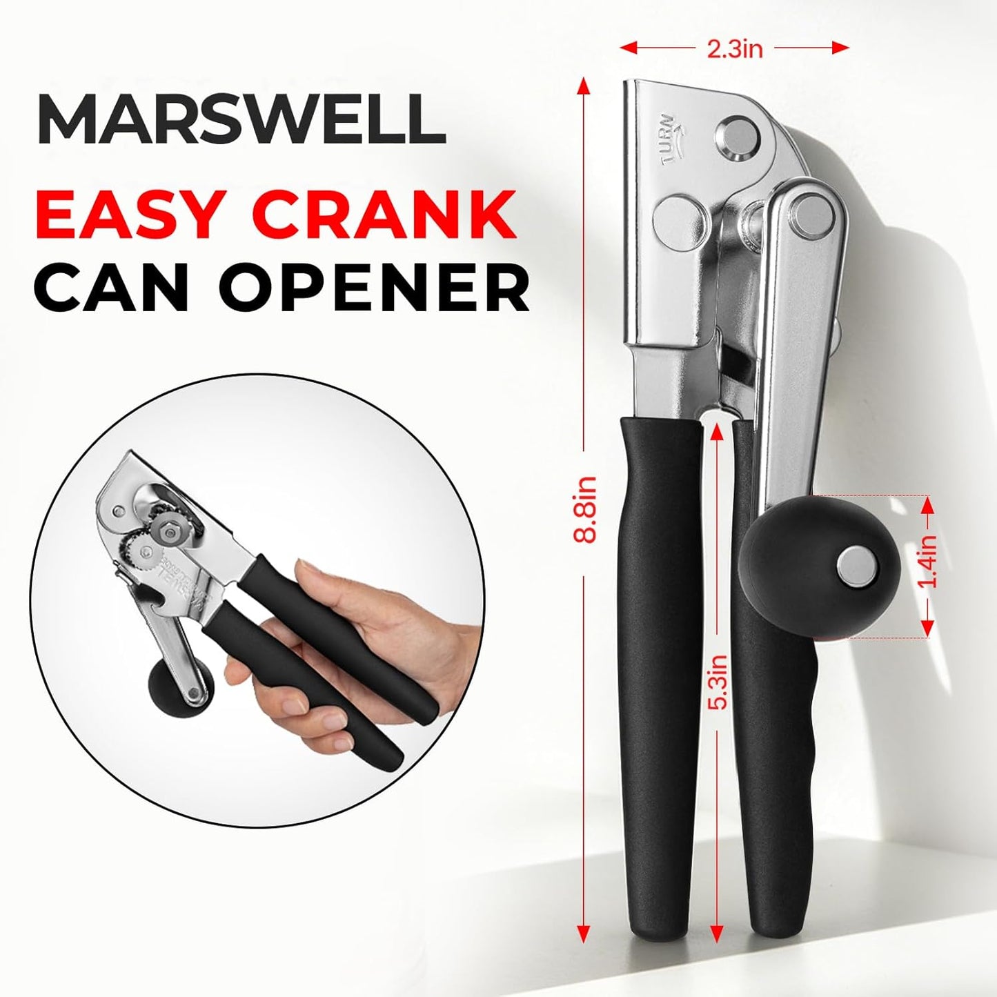 MARSWELL Heavy Duty Can Opener for Large Cans, Extra-Long Handles & Oversized Knob for Easy Cranking, Commercial Manual Hand Crank Opener Opens Big #10 Cans Smoothly, Strong All-Steel Construction