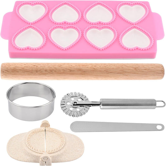 Ravioli Maker Press Ravioli Press Mold Set Heart Ravioli-Stamp Maker Cutter with Wood Rolling Pin, 2.6" Empanada Maker-Press Kit and Ravioli-Wheel, Ravioli-Stamp Making Tools