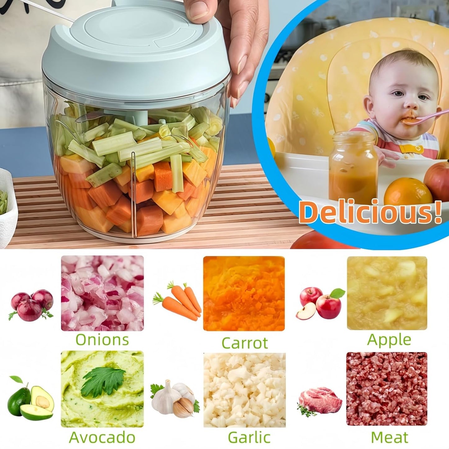 Manual Food Processor, Garlic Mincer Hand Cutter, Vegetable Chopper for Kitchen Gadgets, Hand Pull String onion chopper for Veggies, Ginger, Fruits, Nuts, Herbs, etc, 1000ML (blue)