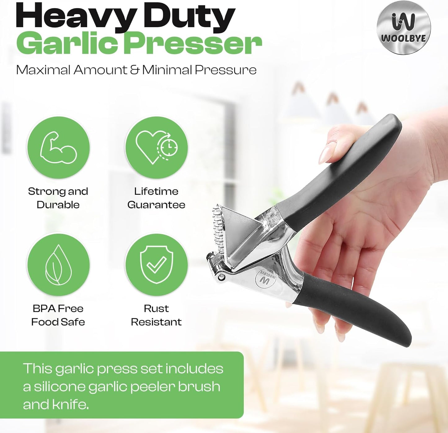4-in-1 Garlic Press Set - Stainless Steel Garlic Press, Garlic Press, Chopper, Grinder, Grater, Mincer with Peeler, Silicone Tube Roller, Brush and Knife - The Essential Garlic Mincing Kit