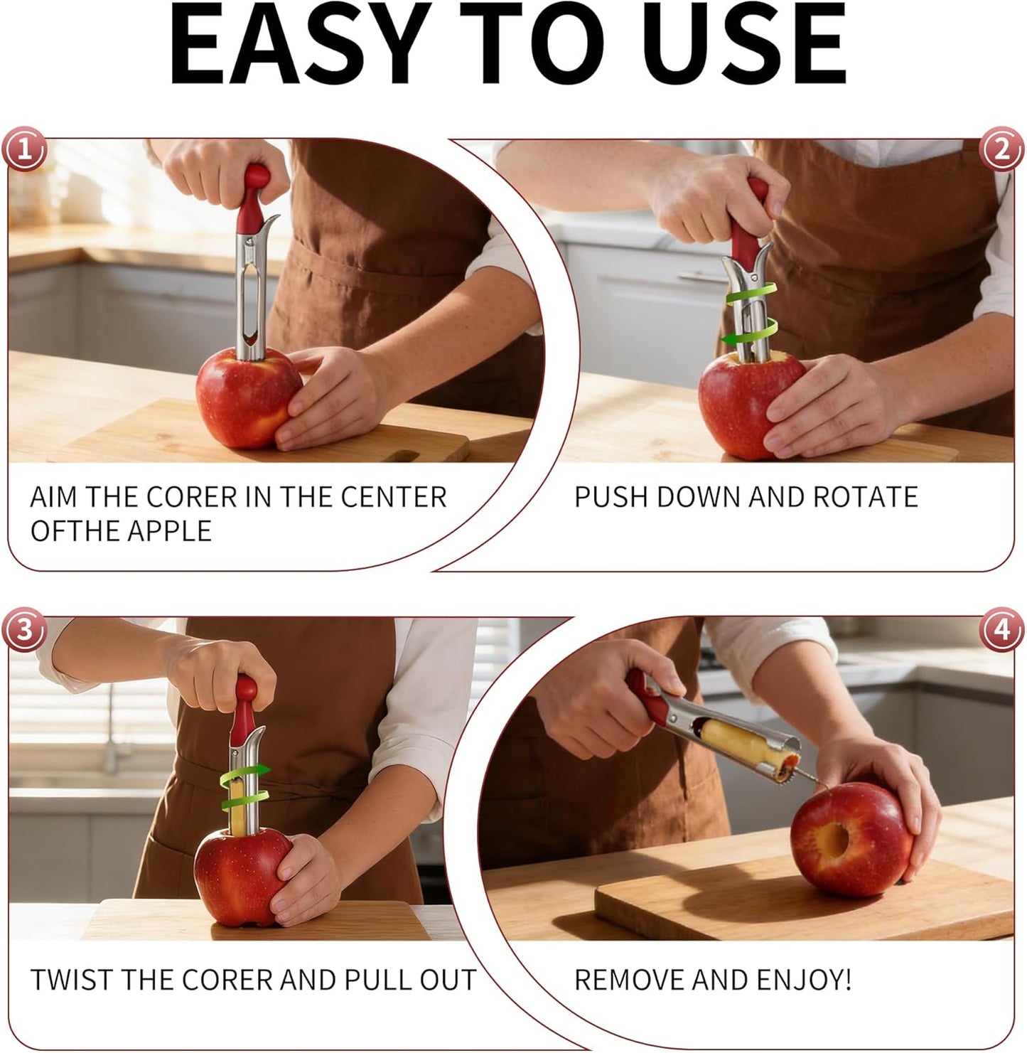 Apple Corer Tool, Stainless Steel Apple Core Remover with Ergonomics Handle - Sharp Serrated Blades - Dishwasher Safe