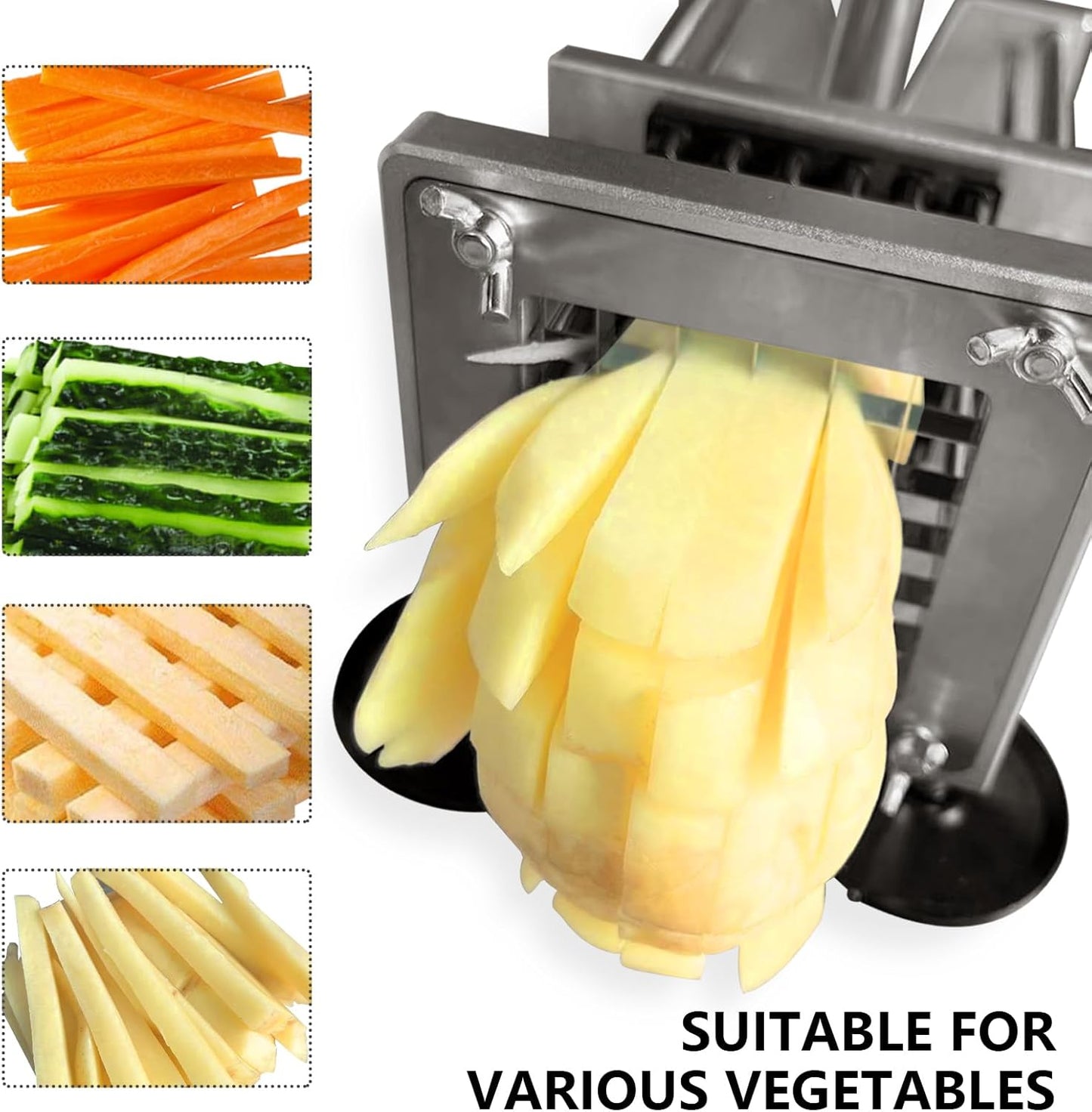 French Fry Cutter, Potato Slicer Fry Cutter with Detachable Handle, Stainless Steel Potato Cutter Includes 3/8",1/2" Blades with 4 Suction Feet for Potato, Carrot, Cucumbers